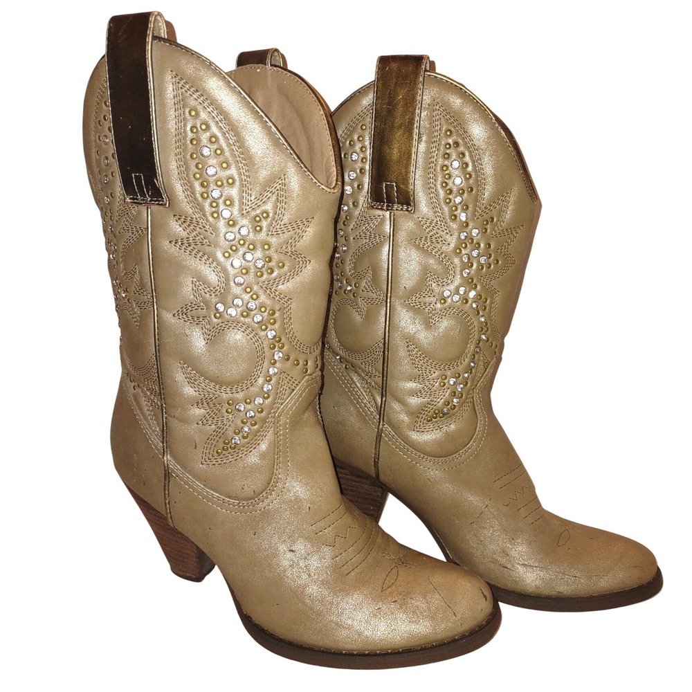 Very Volatile Brown Western Cowboy Boots Womens 8 Metallic Rhinestone Embroider